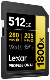 Lexar 512GB Professional 1800x SDXC UHS-II Memory Card GOLD Series V60 U3 4K Video High Speed Camera Card