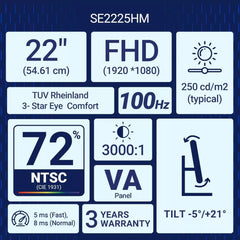 Dell 22 Monitor SE2225HM 21.5” FHD VA 100Hz TÜV Rheinland 3-Star Eye Comfort Ultra-ThinbezelsMonitor