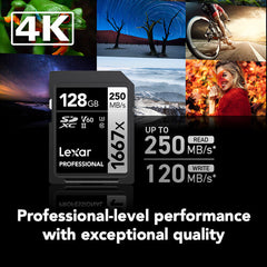 Lexar 128GB Professional 1667x 128GB SDXC UHS-II Memory Card V60 U3 4K Video High Speed Camera Card