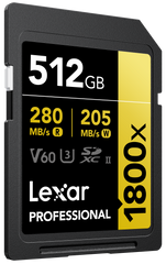 Lexar 512GB Professional 1800x SDXC UHS-II Memory Card GOLD Series V60 U3 4K Video High Speed Camera Card
